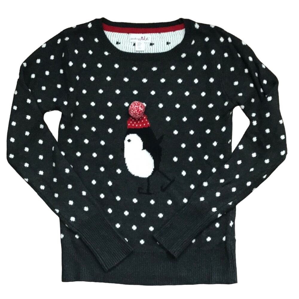 Women’s S Gray Shrinking Violet Holiday Winter Ice Skating Bird Penguin Sweater